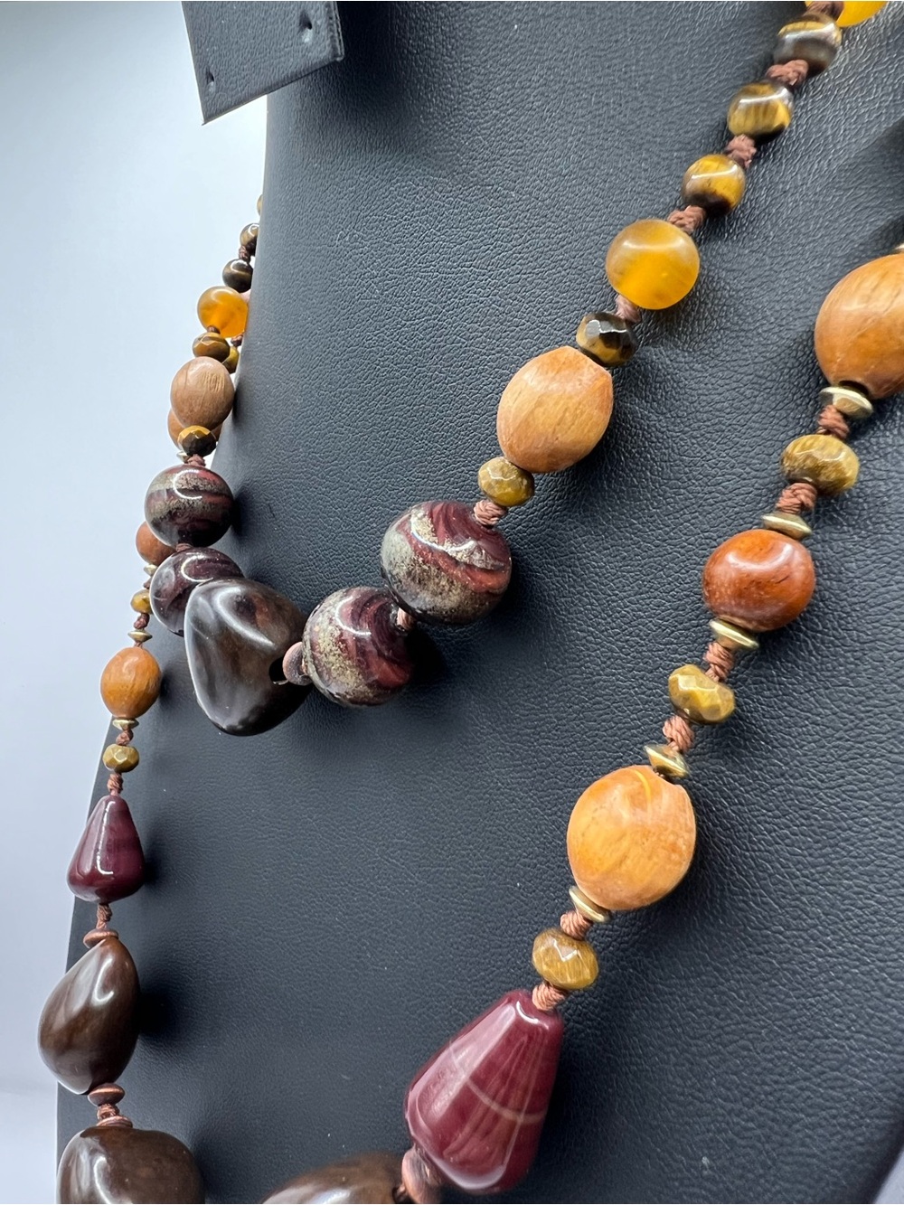 Vintage Boho Natural Sea Bean & Wood Tigers eye Multi Strand Layered Necklace